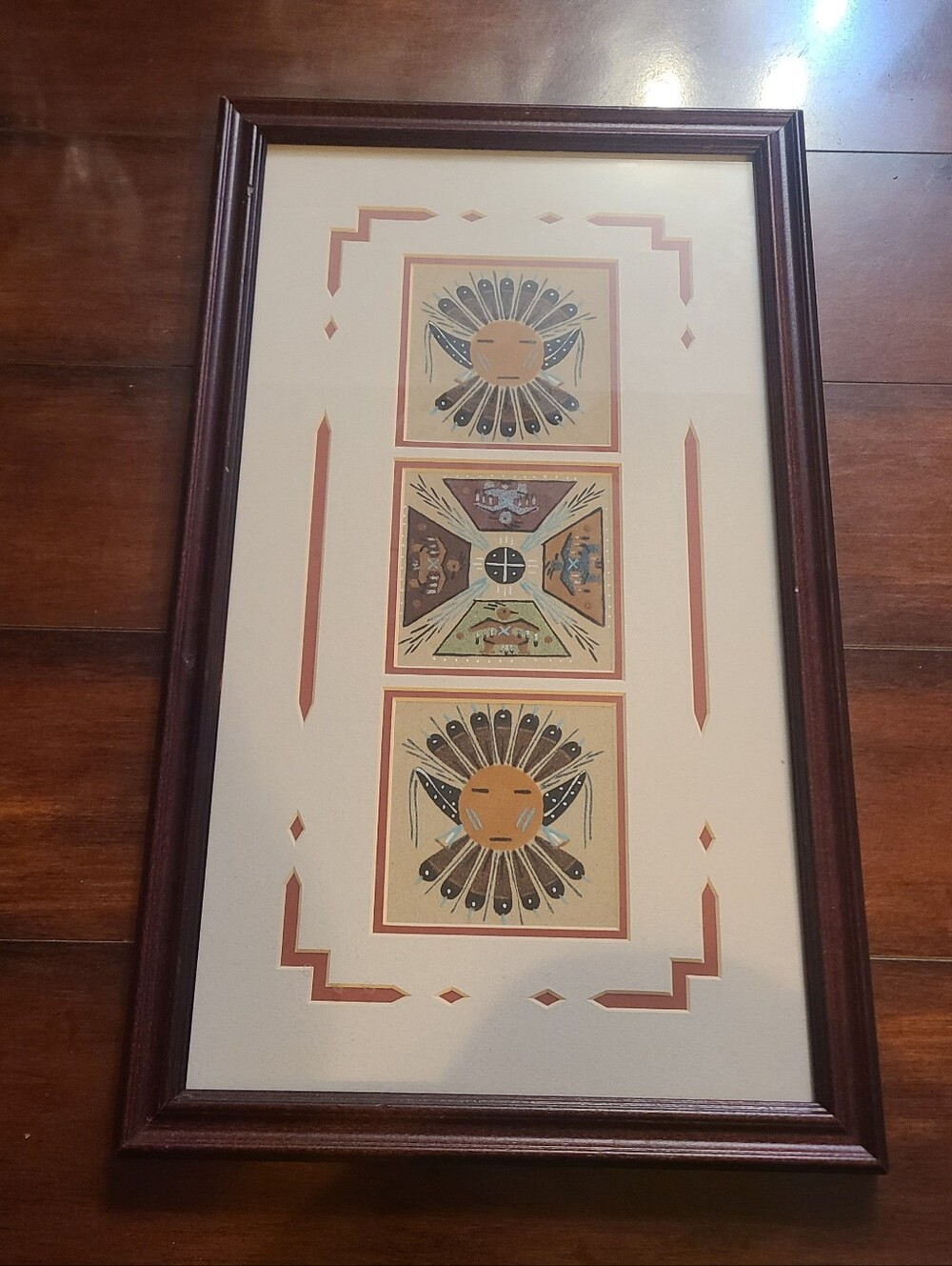 Vintage Navajo Sand Painting Triptych Framed Sunface Thunderbird 11.5x19.5"
